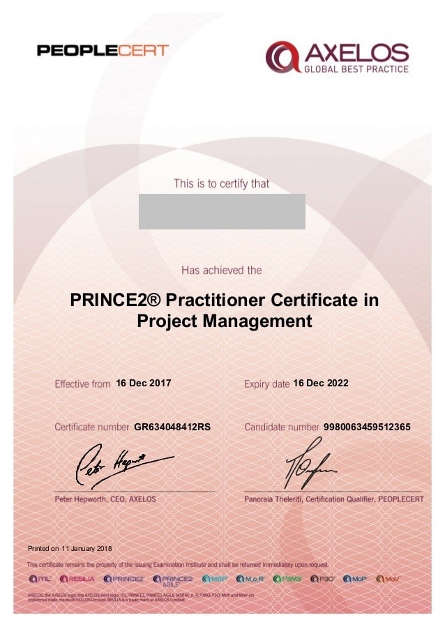 گواهی نامه Prince2 Practitioner